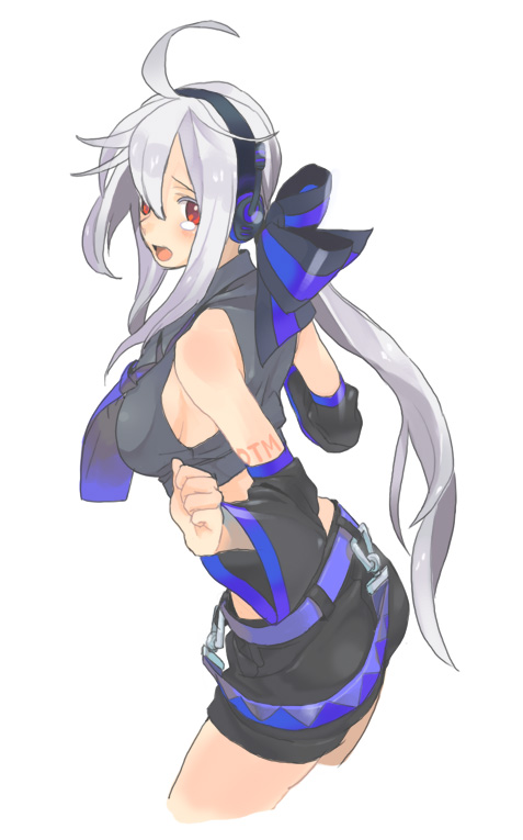 alternate_costume, bad_id, blush, breasts, detached_sleeves, headphones, long_hair, nail_polish