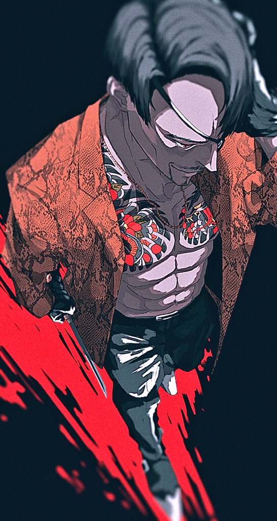 1boy, belt, black_background, black_belt, black_eyepatch, black_footwear, black_hair, black_pants, blurry, blurry_background, dagger, eyepatch, facial_hair, formal, gold_necklace, holding, holding_dagger, holding_weapon, irezumi, jacket, jewelry, majima_gorou, mature_male, necklace, older, open_clothes, open_jacket, origoto, pants, red_theme, ryuu_ga_gotoku, shirt, shoes, short_hair, simple_background, smile, snake_print, tattoo, transformation, weapon, white_shirt