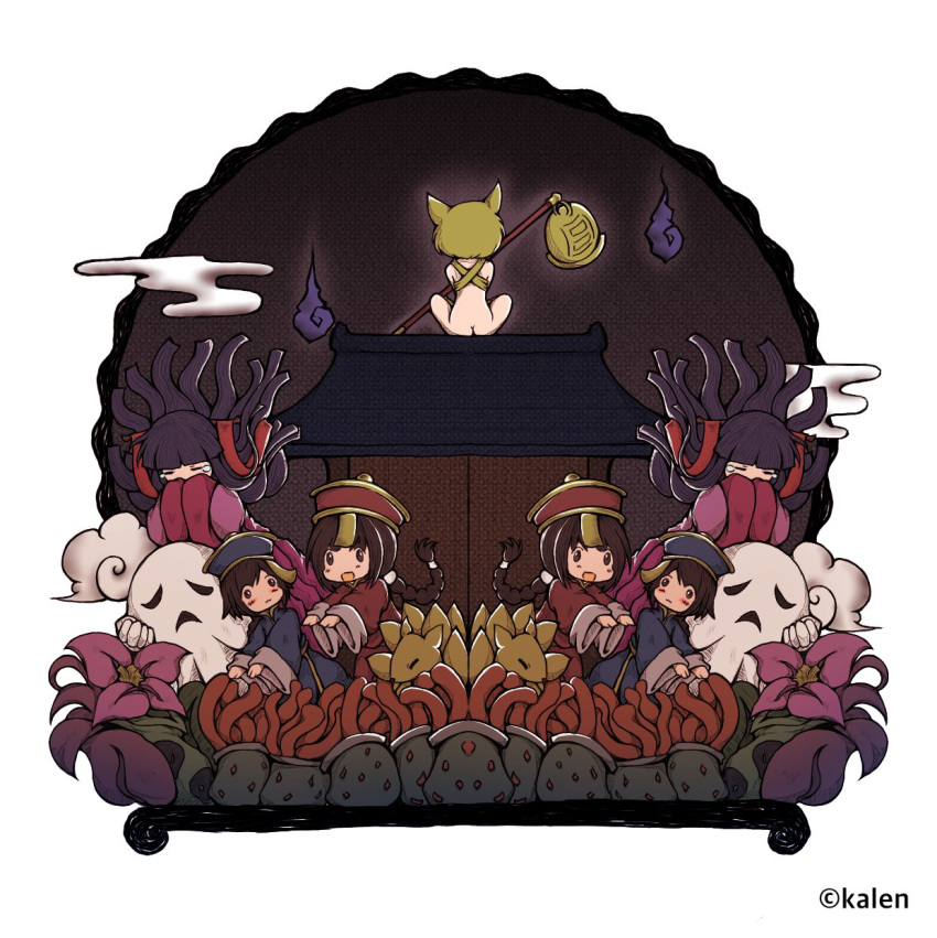2boys, 5girls, :d, animal_ears, architecture, ass, back, bangs