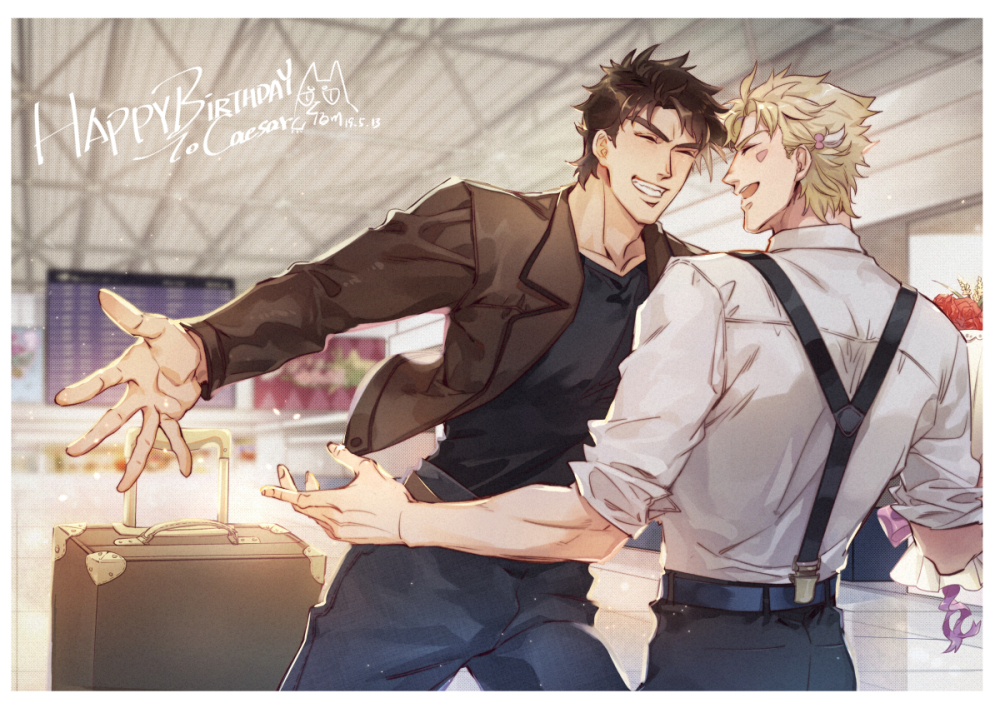 2boys, airport, alternate_costume, battle_tendency, belt, birthday, black_shirt, blonde_hair