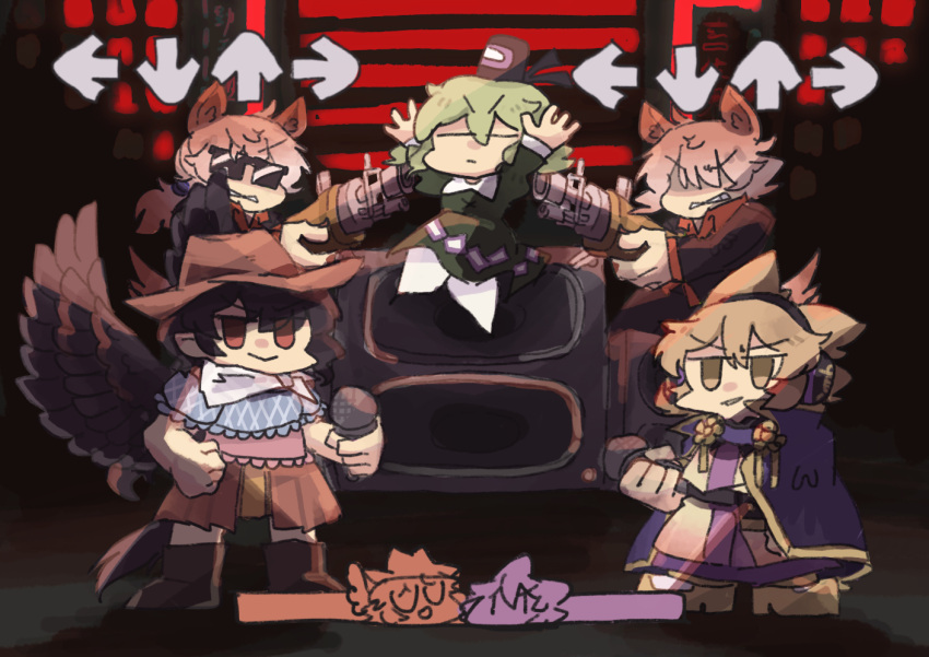 5girls, :>, andonkurage, arms_up, arrow_(symbol), at_gunpoint, bandana, bangs