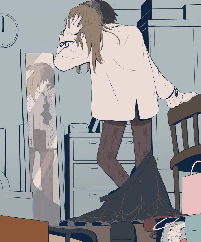 1girl, absurdres, avogado6, bag, bedroom, black_eyes, black_hair, black_legwear, black_neckwear, black_skirt, bowtie_removed, brown_hair, center_frills, chair, chest_of_drawers, clock, collarbone, commentary_request, crossdressinging, frilled_shirt, frills, from_behind, full_body, highres, indoors, long_hair, looking_down, mirror, navel, no_sclera, open_clothes, open_shirt, original, pantyhose, patterned_clothing, removing_wig, shirt, shoes_removed, shopping_bag, short_hair, skirt, skirt_removed, undressing, white_shirt, wig