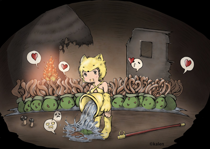 1girl, :d, bangs, bell, blonde_hair, commentary_request, elbow_gloves, emoticon, fire, fox_hat, full_body, ghost, gloves, halter_top, halterneck, heart, highres, hydra_(ragnarok_online), kalen_manbou, kneehighs, monster, moonlight_flower, mushroom, o3o, open_mouth, paws, ragnarok_online, ruins, short_hair, smile, spoken_heart, staff, twitter_username, water, watering, whisper_(ragnarok_online), yellow_fur, yellow_gloves, yellow_legwear
