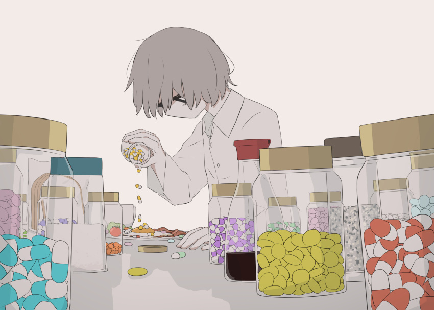 1boy, absurdres, avogado6, bacon, bags_under_eyes, black_eyes, bottle, bottle_cap