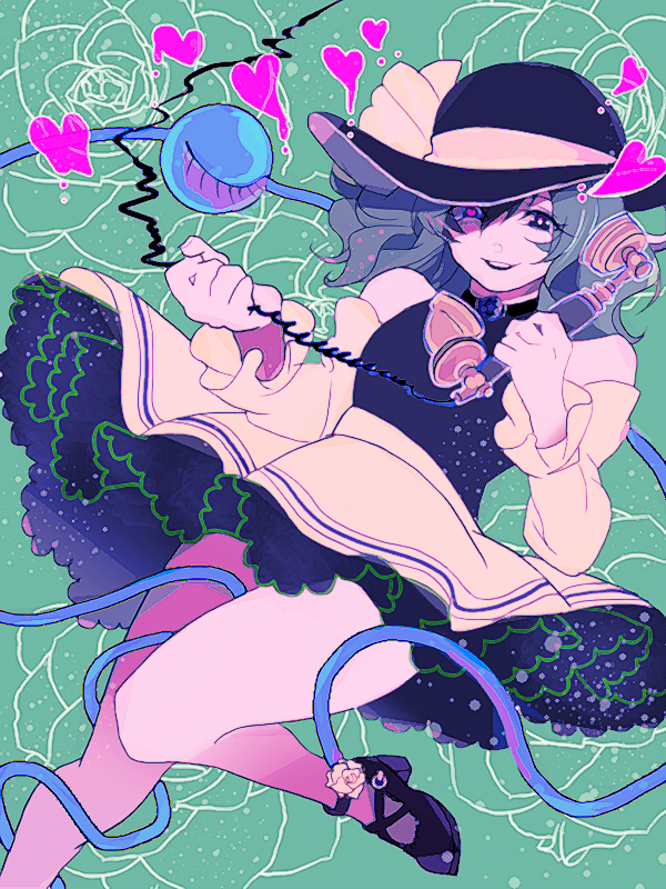 1girl, :d, bare_shoulders, dress, eyeball, floral_background, foot_out_of_frame, green_background