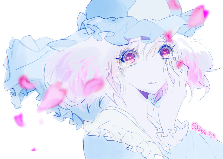 1girl, bangs, blue_kimono, commentary_request, crying, crying_with_eyes_open, frilled_kimono, frills