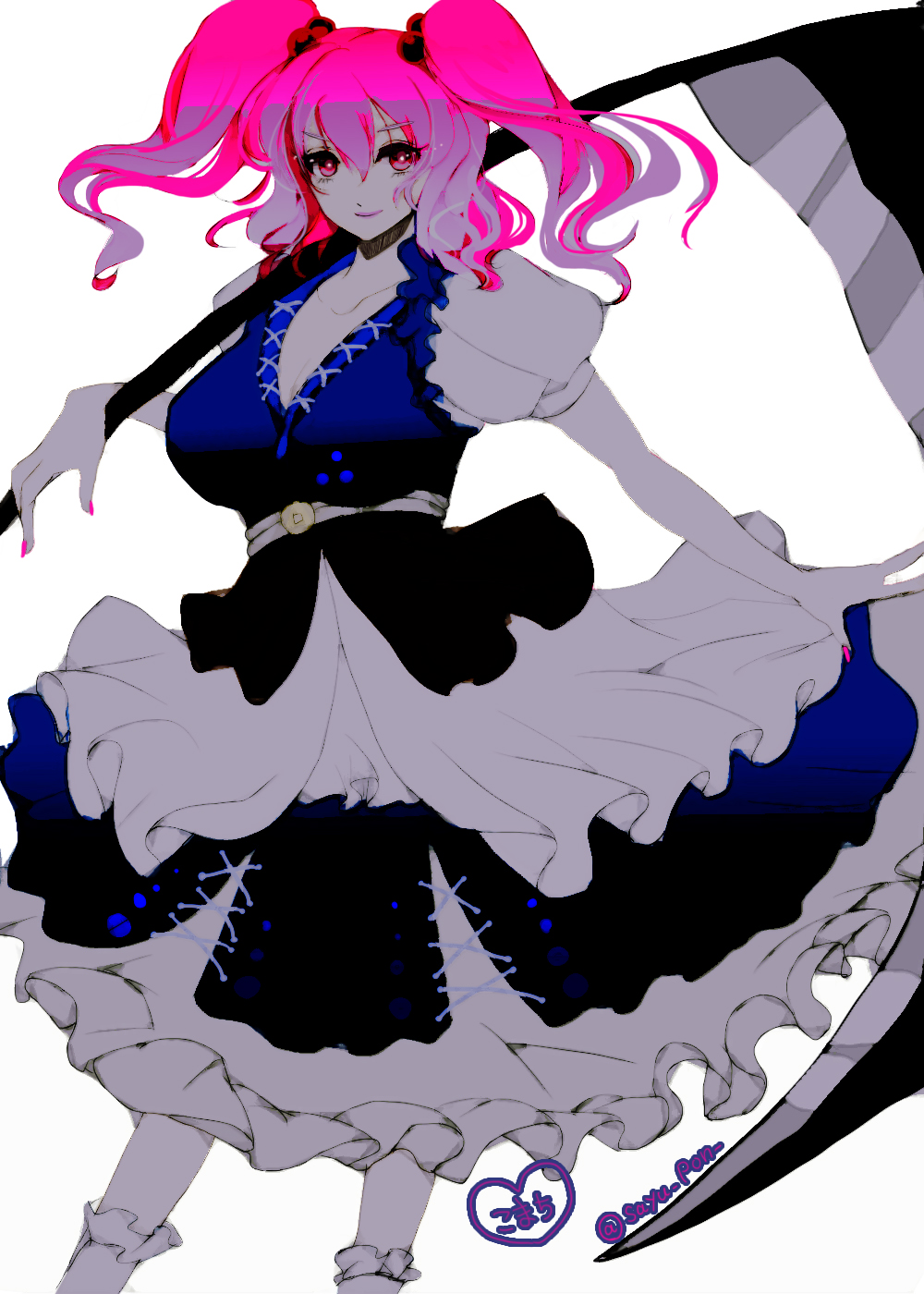 1girl, bangs, blue_dress, breasts, closed_mouth, coin_on_string, commentary_request, dress, eyebrows_visible_through_hair, feet_out_of_frame, hair_between_eyes, hair_bobbles, hair_ornament, highres, holding, holding_scythe, japanese_clothes, kiui_(kogane), large_breasts, looking_at_viewer, medium_hair, obi, onozuka_komachi, petticoat, puffy_short_sleeves, puffy_sleeves, red_eyes, redhead, sash, scythe, short_sleeves, simple_background, smile, socks, solo, touhou, two_side_up, white_background, white_legwear