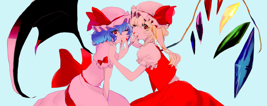 2girls, bangs, bat_wings, blonde_hair, blue_background, blue_hair, bow, closed_mouth, commentary_request, cowboy_shot, crystal, dress, fang, fang_out, flandre_scarlet, frilled_shirt, frilled_sleeves, frills, grin, hair_between_eyes, hat, hat_ribbon, highres, kiui_(kogane), long_hair, looking_at_viewer, mob_cap, multiple_girls, one_side_up, pink_dress, puffy_short_sleeves, puffy_sleeves, red_bow, red_eyes, red_ribbon, red_skirt, red_vest, remilia_scarlet, ribbon, shirt, short_hair, short_sleeves, siblings, simple_background, sisters, skirt, sleeve_bow, smile, touhou, vest, white_shirt, wings