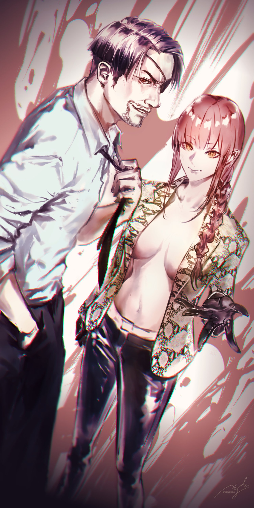 1boy, 1girl, absurdres, animal_print, belt, black_eyepatch, black_hair, black_pants, blood, blood_splatter, braid, braided_ponytail, chainsaw_man, cosplay, costume_switch, crossover, eyepatch, facial_hair, formal, gloves, glowing, glowing_eyes, goatee, hand_in_pocket, highres, jacket, leather, leather_gloves, majima_gorou, majima_gorou_(cosplay), makima_(chainsaw_man), makima_(chainsaw_man)_(cosplay), mr.holmes, one-eyed, open_clothes, open_jacket, pants, red_eyes, redhead, ryuu_ga_gotoku, shirt, sleeves_rolled_up, snake_print, white_belt, white_shirt, yellow_eyes