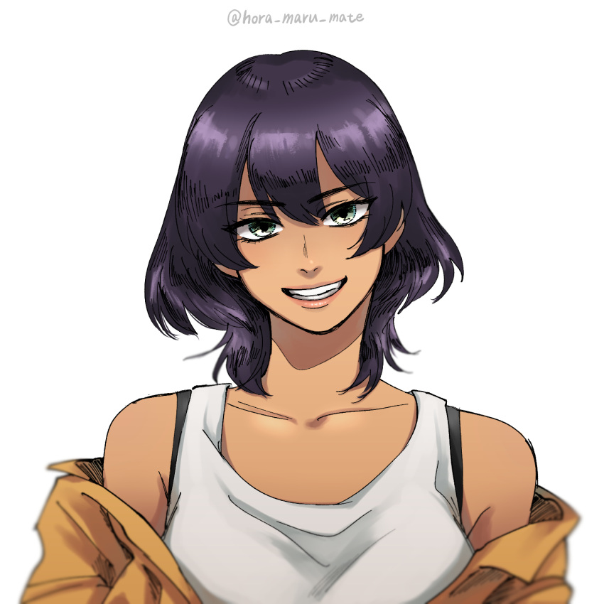 1girl, bangs, black_hair, commentary, dark_skin, girls_und_panzer, green_eyes, grin