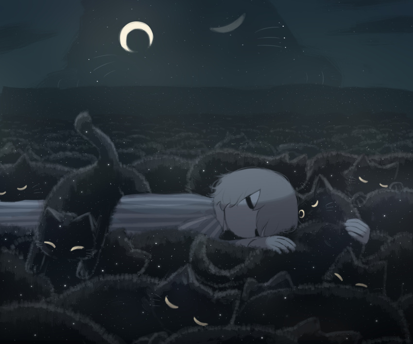 1boy, ^_^, absurdres, animal, animal_hug, animal_on_ass, avogado6, black_cat, black_eyes, blue_shirt, cat, closed_eyes, commentary_request, crescent, dark, grey_hair, highres, hug, light_particles, long_sleeves, looking_at_another, lying, male_focus, night, on_stomach, one_eye_closed, original, oversized_animal, pajamas, pale_skin, pants, shirt, sleeping, solo, sploot, striped, striped_shirt, too_many, too_many_cats, vertical-striped_pants, vertical-striped_shirt, vertical_stripes