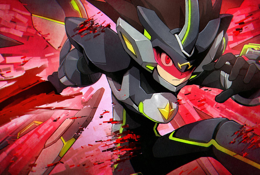 1boy, black_ace_(mega_man), black_bodysuit, bodysuit, brown_hair, closed_mouth, energy_sword, energy_wings, helmet, highres, holding, holding_sword, holding_weapon, male_focus, mega_man_(series), mega_man_star_force, mega_man_star_force_3, okkuu_(oexistcm), red_eyes, solo, spiky_hair, sword, visor, weapon, wings