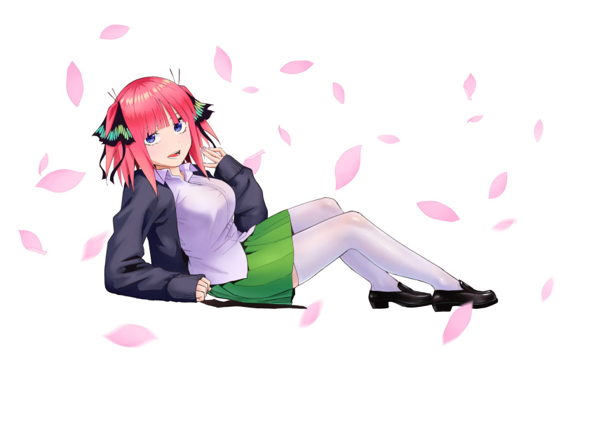 1girl, black_cardigan, black_ribbon, blue_eyes, breasts, butterfly_hair_ornament, cardigan, go-toubun_no_hanayome