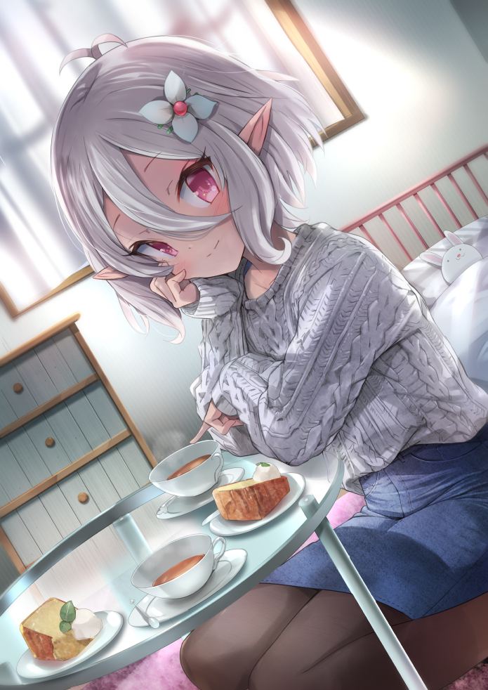 1girl, ahoge, antenna_hair, aran_sweater, bangs, bed, black_legwear, blue_skirt
