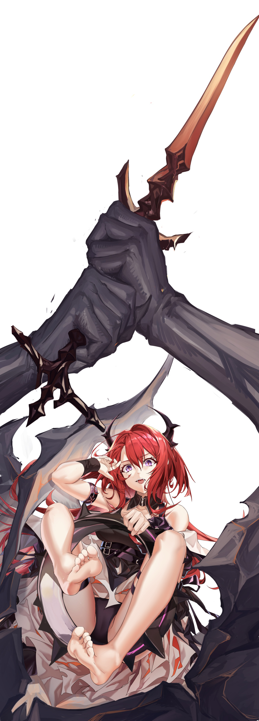 1girl, absurdres, arknights, bangs, bare_legs, bare_shoulders, barefoot, belt