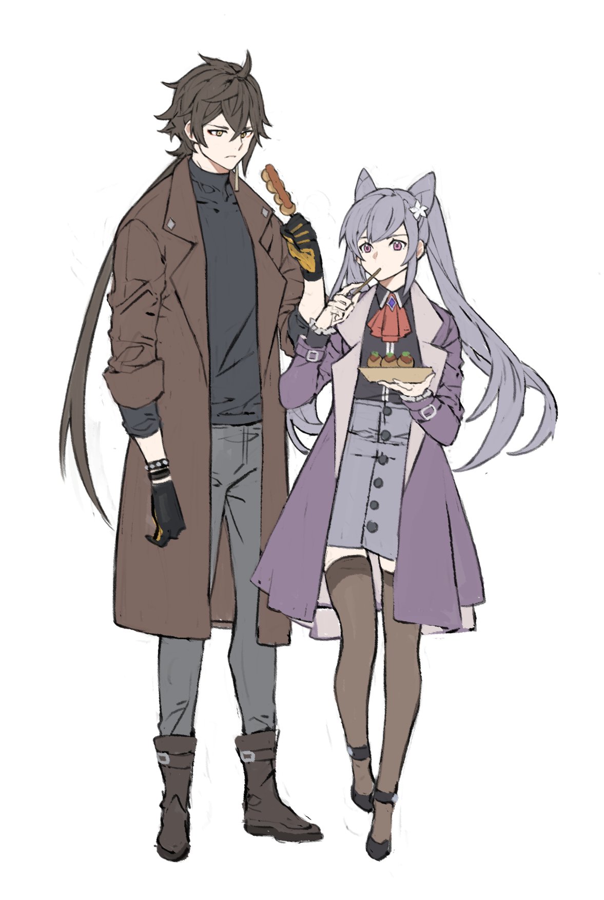 1boy, 1girl, alternate_costume, bangs, black_footwear, black_hair, black_legwear, boots