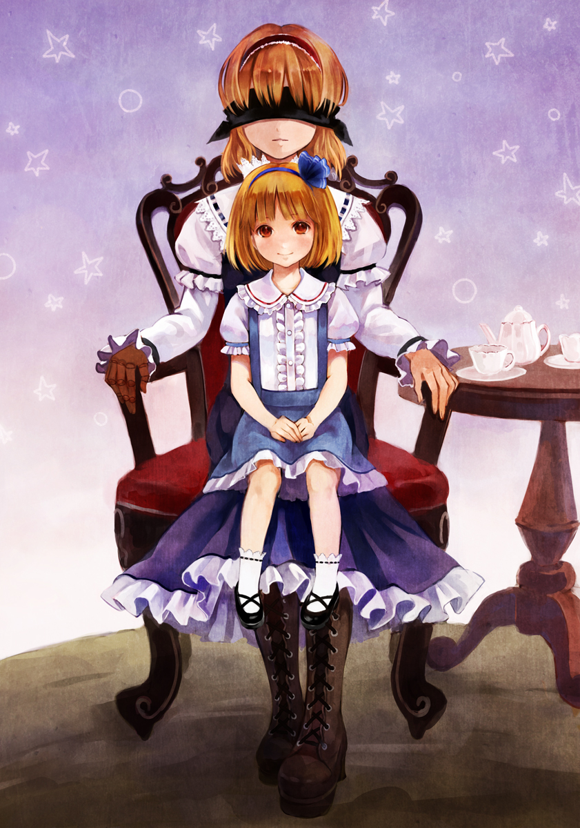 alice_margatroid, alice_margatroid_(pc-98), blindfold, blonde_hair, blouse, boots, bow, chair
