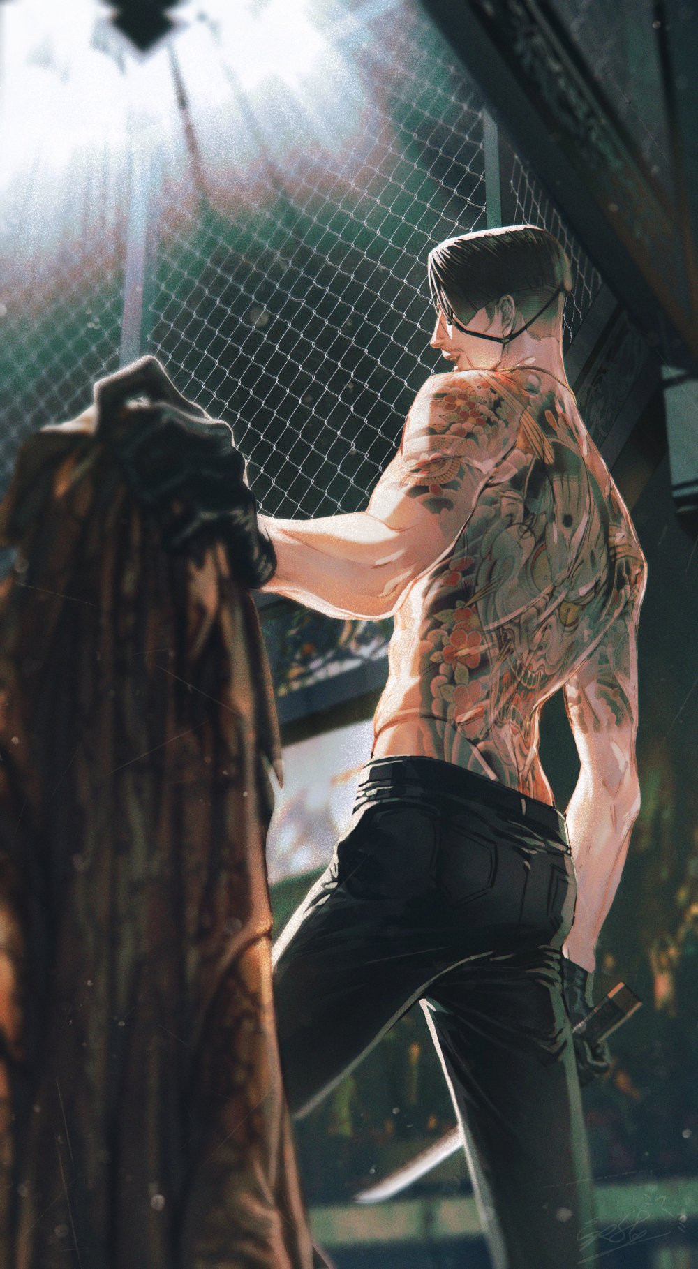 1boy, animal_print, back_tattoo, belt, black_belt, black_eyepatch, black_gloves, black_hair