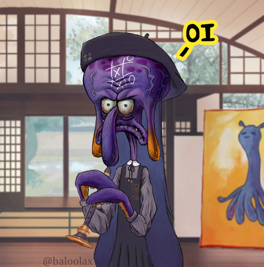 1girl, baloolax, beret, black_headwear, dress, english_commentary, forehead, frown