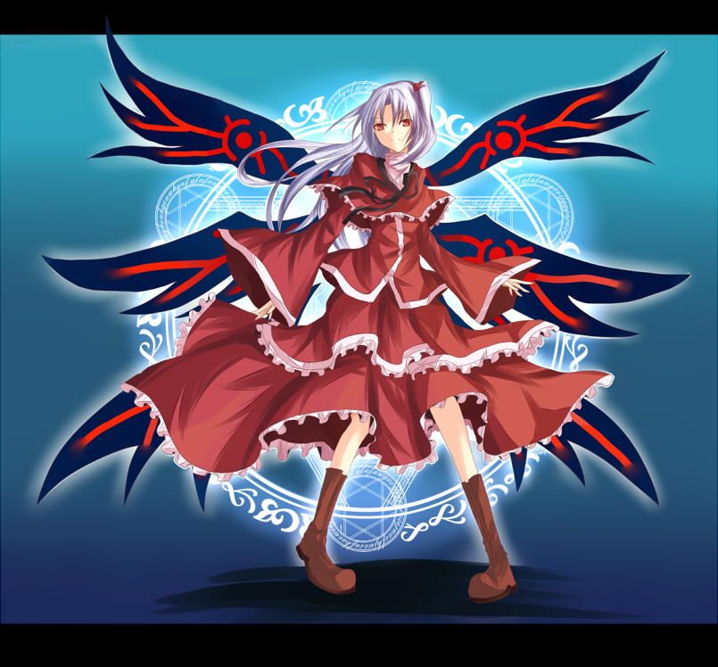 capelet, hair_bobbles, hair_ornament, hitsuji_(pixiv), long_hair, magic_circle, multiple_wings, ram_hachimin, red_eyes, shinki, side_ponytail, silver_hair, solo, touhou, wings