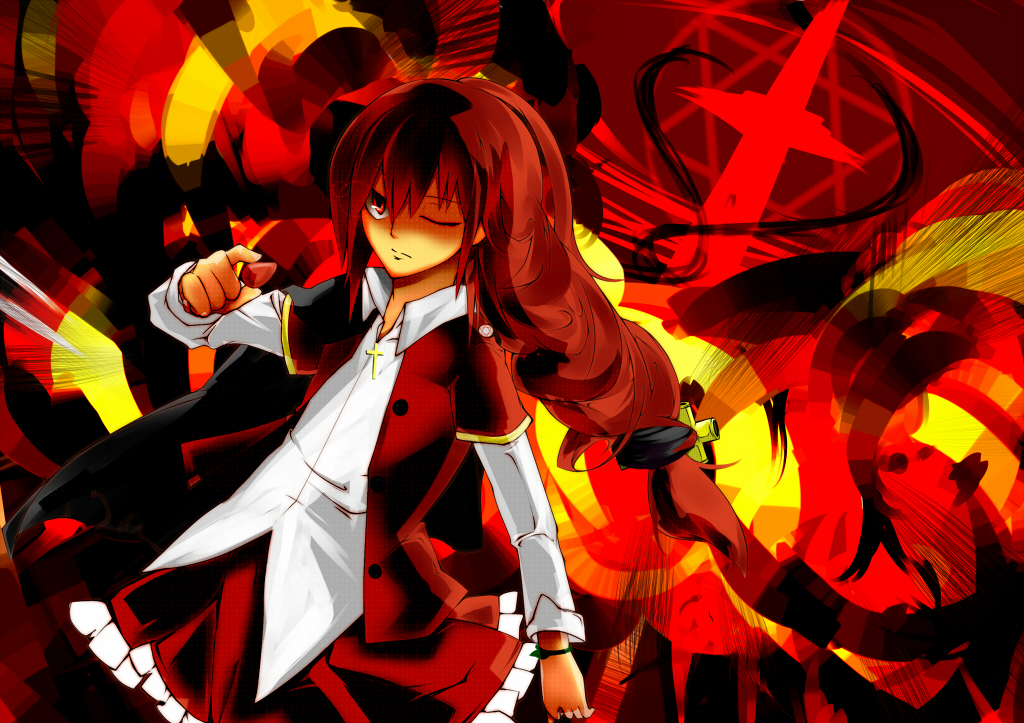 cape, cross, explosion, food, fruit, gj_(minoru), jacket, long_hair