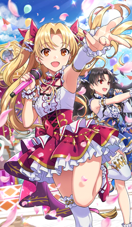 2girls, alternate_costume, arm_cuffs, armpits, asymmetrical_legwear, black_hair, blood, blue_ribbon