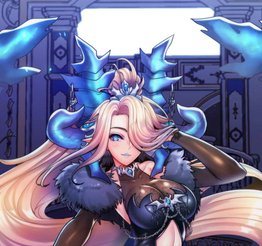 1girl, alternate_costume, bangs, blonde_hair, blue_eyes, blue_horns, breasts, demon_girl