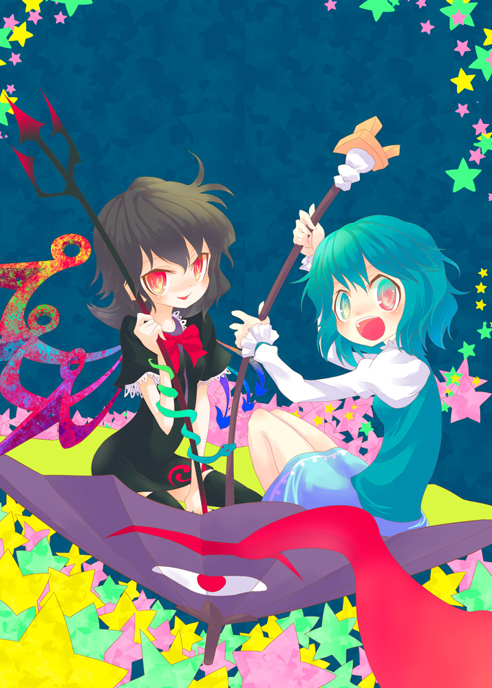 aqua_hair, black_hair, bow, fang, futaki_nia, grin, heterochromia, houjuu_nue