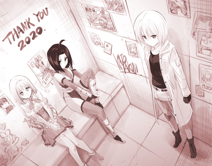 3girls, ahoge, android, armor, belt, boots, bow, bowtie