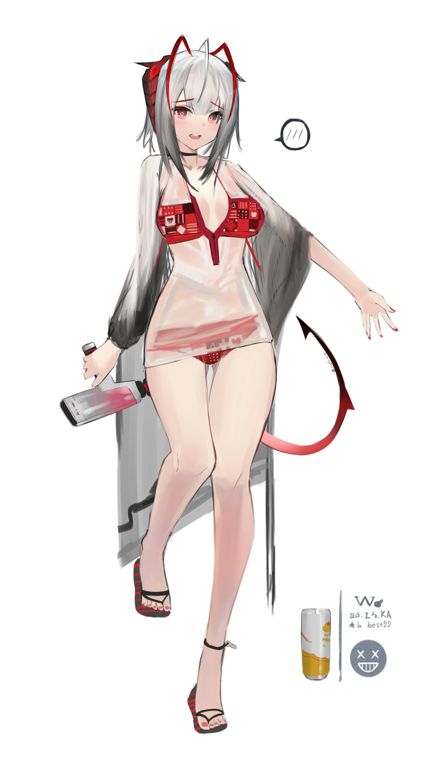 1girl, absurdres, alternate_costume, antennae, arknights, bikini, blush, demon_girl