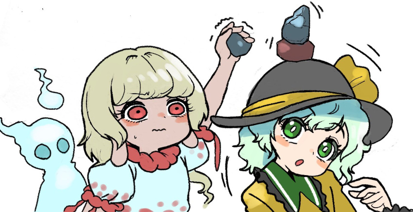 1other, 2girls, bangs, blonde_hair, blouse, bow, earlobes, ebisu_eika, frilled_shirt, frilled_shirt_collar, frills, ghost, green_eyes, green_hair, hat, hat_bow, hat_ribbon, holding_rock, howhow_notei, komeiji_koishi, looking_at_another, multiple_girls, open_mouth, puffy_short_sleeves, puffy_sleeves, pun, red_eyes, ribbon, rock_balancing, shirt, short_hair, short_sleeves, stacking, stone, touhou, upper_body, wavy_mouth, white_background, yellow_blouse, yellow_shirt