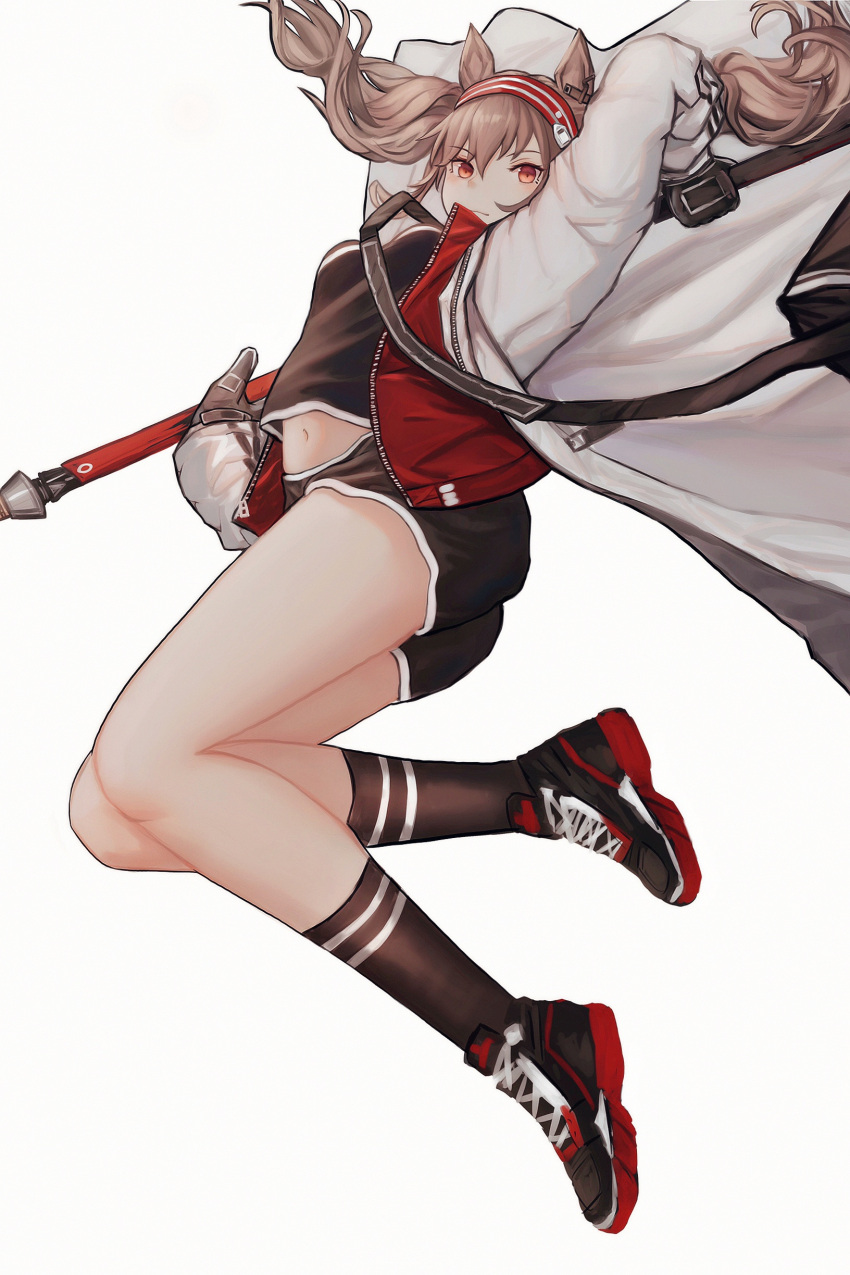 1girl, absurdres, angelina_(arknights), animal_ears, arknights, arms_behind_head, black_footwear, black_legwear