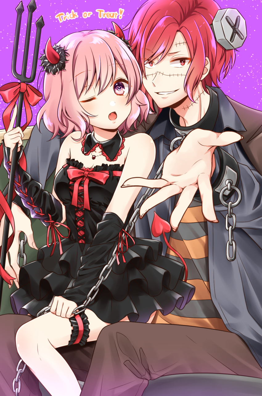 1boy, 1girl, araki_(utaite), halloween, halloween_costume, highres, looking_at_viewer, niconico