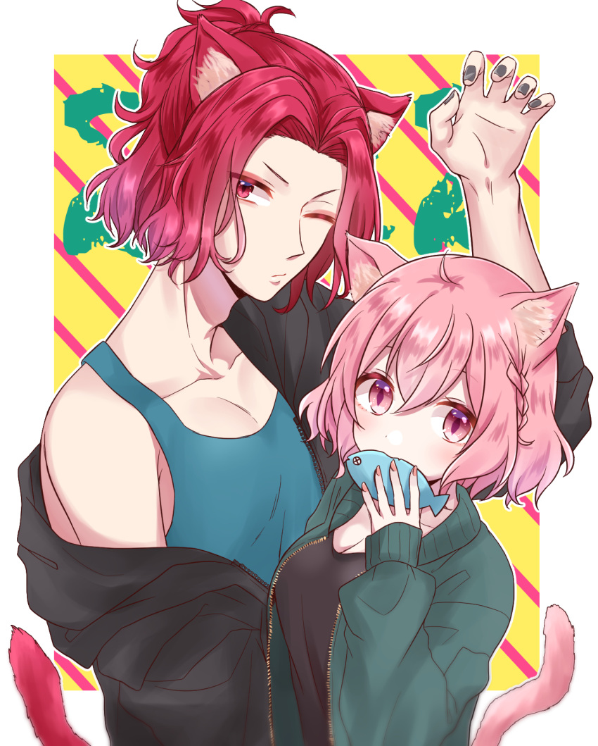 1boy, 1girl, animal_ears, araki_(utaite), breasts, cat_ears, cat_tail, closed_eyes