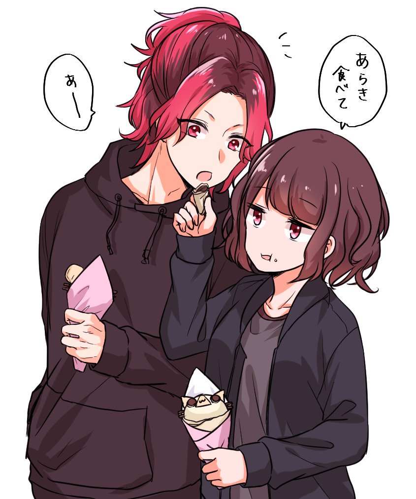 1boy, 1girl, araki_(utaite), brown_hair, brown_hoodie, crepe, eating, food