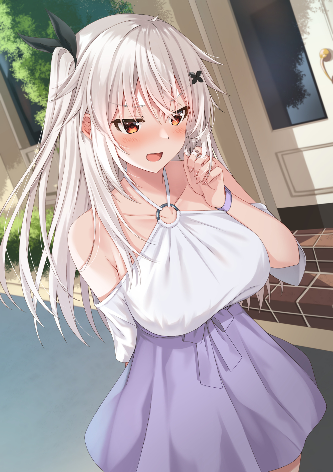 1girl, bare_shoulders, black_bow, blush, bow, bracelet, breasts, brown_eyes, building, bush, collarbone, door, embarrassed, hair_bow, hair_ornament, hairclip, hand_up, highres, jewelry, komori_kuzuyu, large_breasts, long_hair, looking_down, open_mouth, original, outdoors, plant, purple_skirt, shirt, skirt, solo, standing, tree, twintails, white_hair, white_shirt