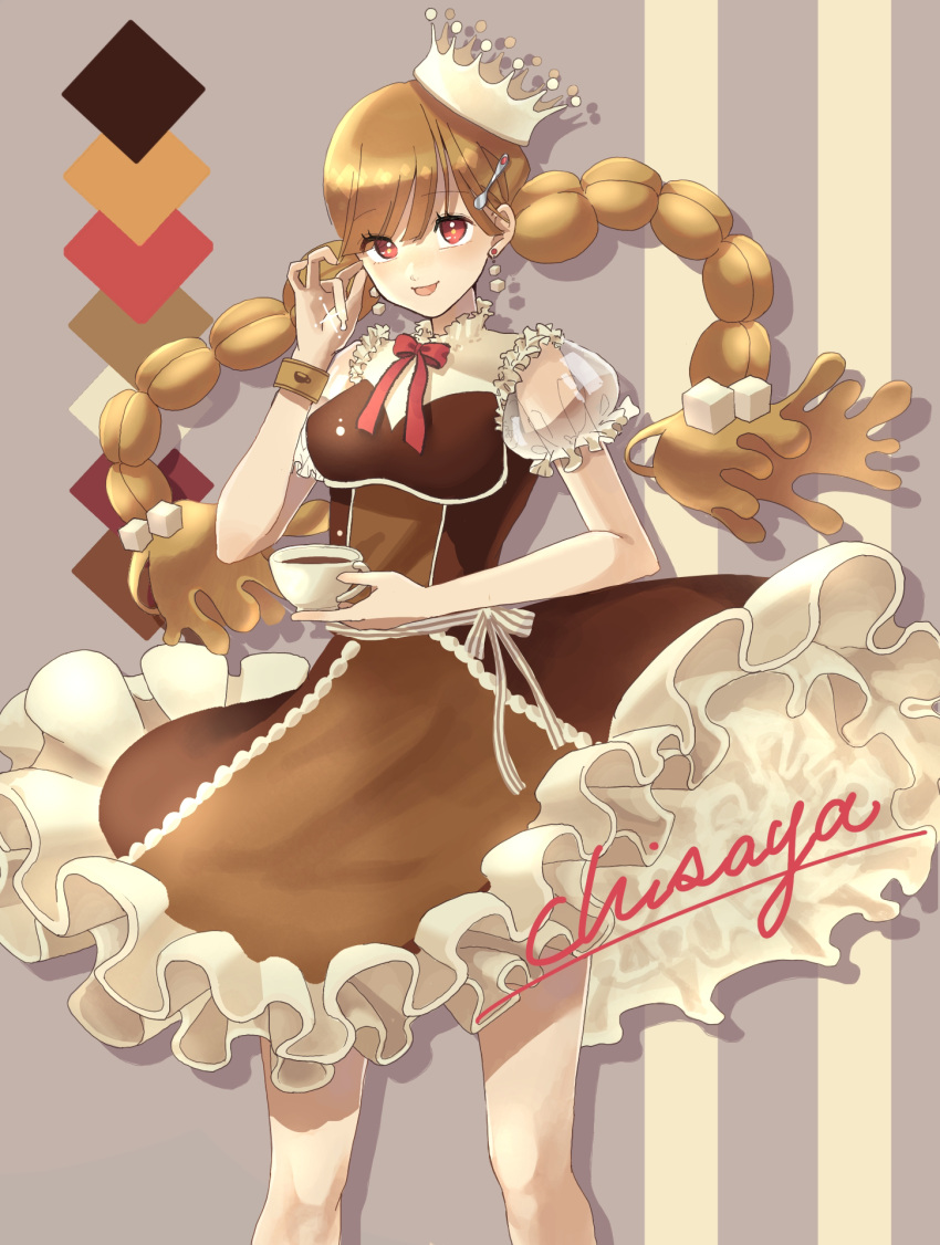 1girl, bracelet, braid, breasts, brown_dress, brown_hair, coffee, crown