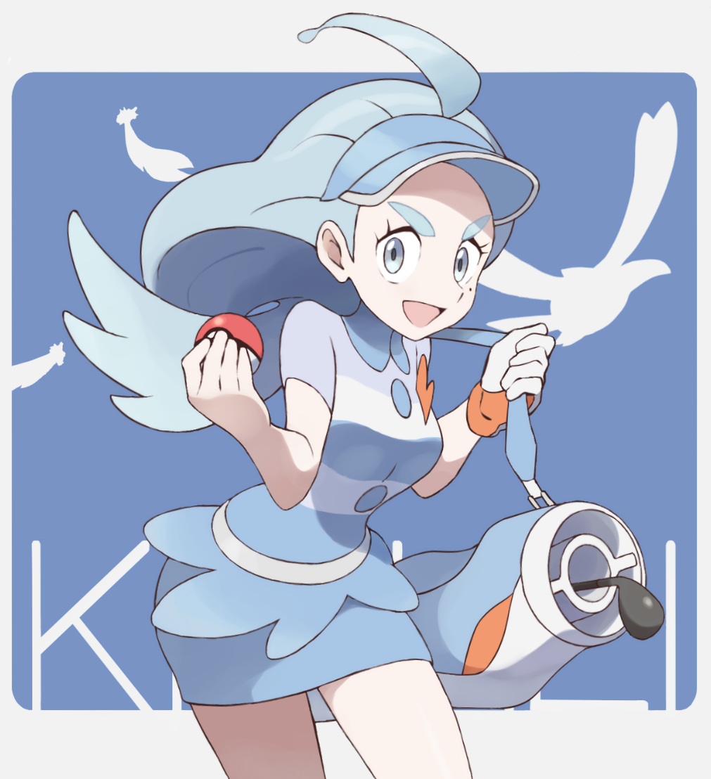 1girl, :d, ahoge, blue_eyes, blue_headwear, blue_skirt, golf_bag, golf_club