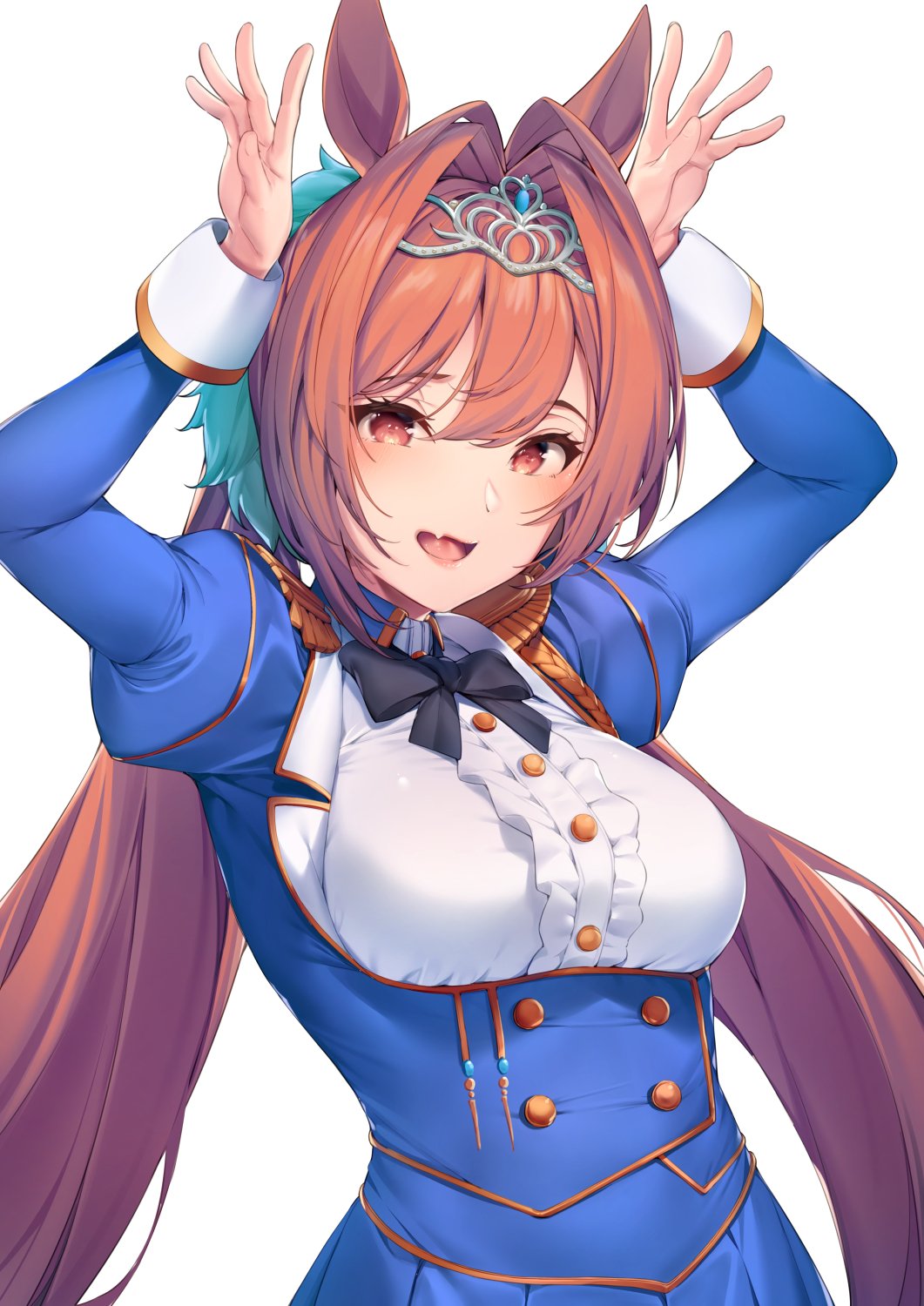 1girl, amagimei, animal_ears, arms_up, breasts, commentary_request, daiwa_scarlet_(umamusume), epaulettes