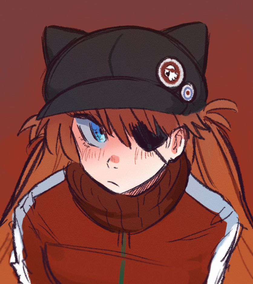 1girl, black_eyepatch, black_headwear, blue_eyes, frown, hair_behind_ear, hat_pin, jacket, long_hair, neon_genesis_evangelion, one_eye_covered, orange_hair, pie_(aipiepi), pin, rebuild_of_evangelion, red_background, red_jacket, red_scarf, scarf, shikinami_asuka_langley, solo, souryuu_asuka_langley, track_jacket, upper_body