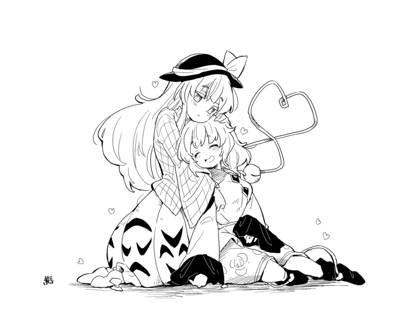 2girls, bow, bubble_skirt, collared_shirt, expressionless, eyeball, frilled_sleeves, frills, hat, hat_ribbon, hata_no_kokoro, heart, heart_of_string, hug, koishi_day, komeiji_koishi, long_hair, long_sleeves, monochrome, multiple_girls, plaid, plaid_shirt, ribbon, shirt, skirt, smile, tanasuke, third_eye, touhou, very_long_hair, wide_sleeves