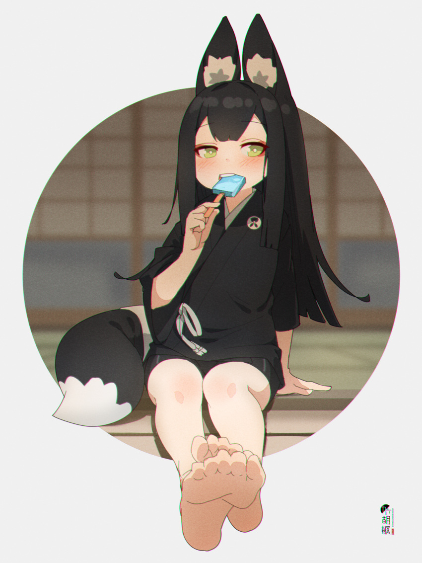 1girl, animal_ear_fluff, animal_ears, bangs, barefoot, bike_shorts, black_hair, black_kimono