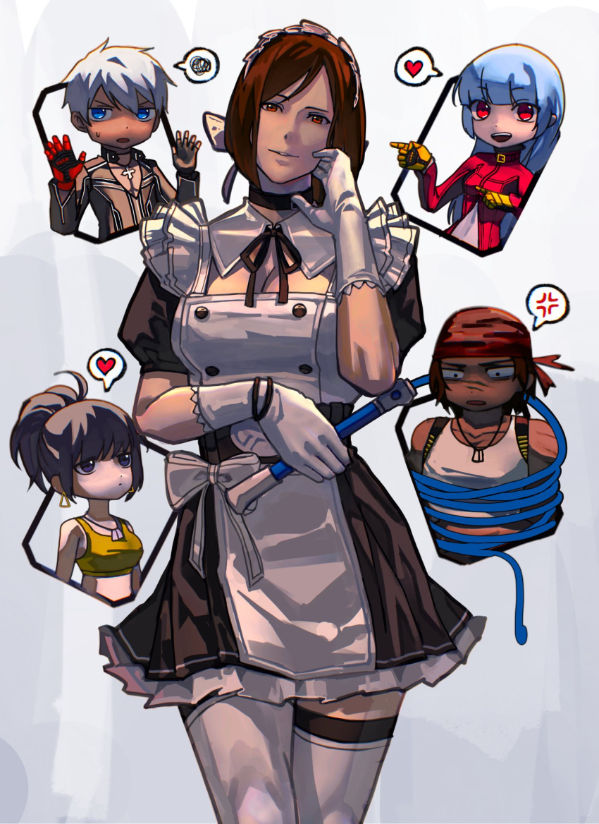 alternate_costume, apron, bandana, blue_hair, breasts, brother_and_sister, chaps, chibi
