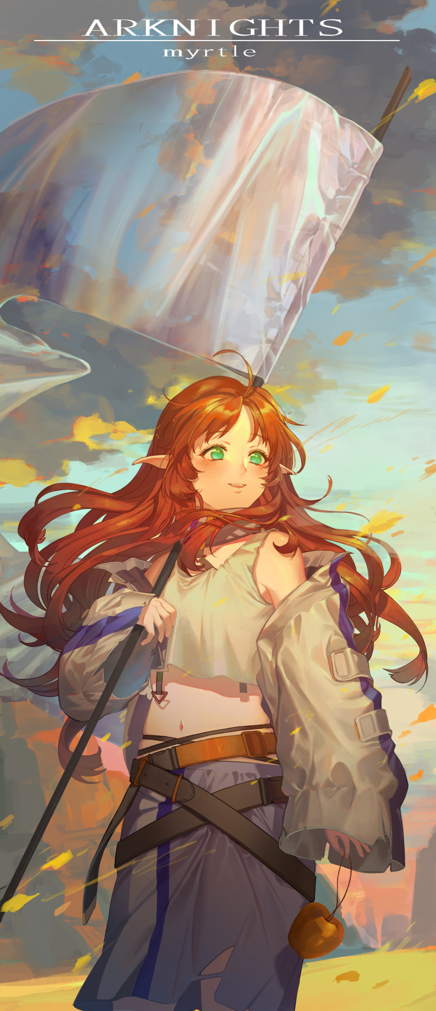 1girl, absurdres, ahoge, apple, arknights, belt, blush, character_name