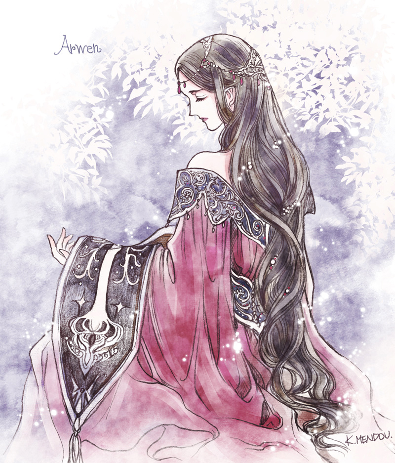 1girl, arwen, bare_shoulders, brown_hair, character_name, circlet, closed_eyes, closed_mouth