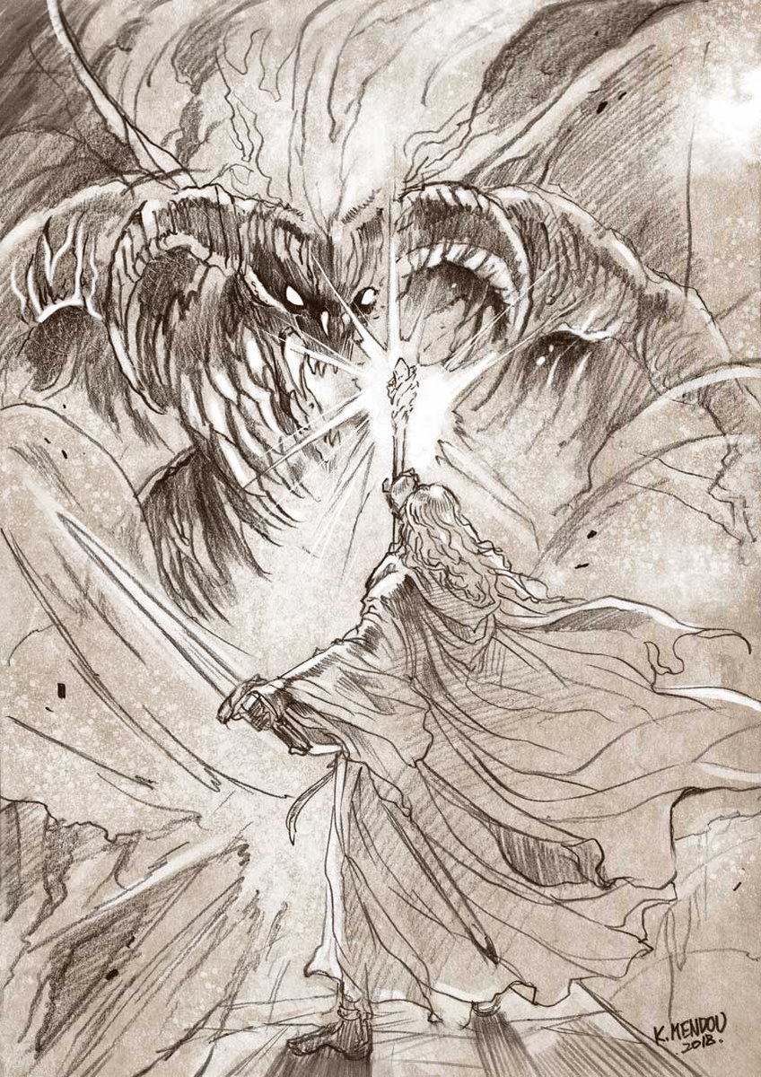 1boy, balrog_(lord_of_the_rings), bridge, commentary, dated, english_commentary, from_behind, gandalf