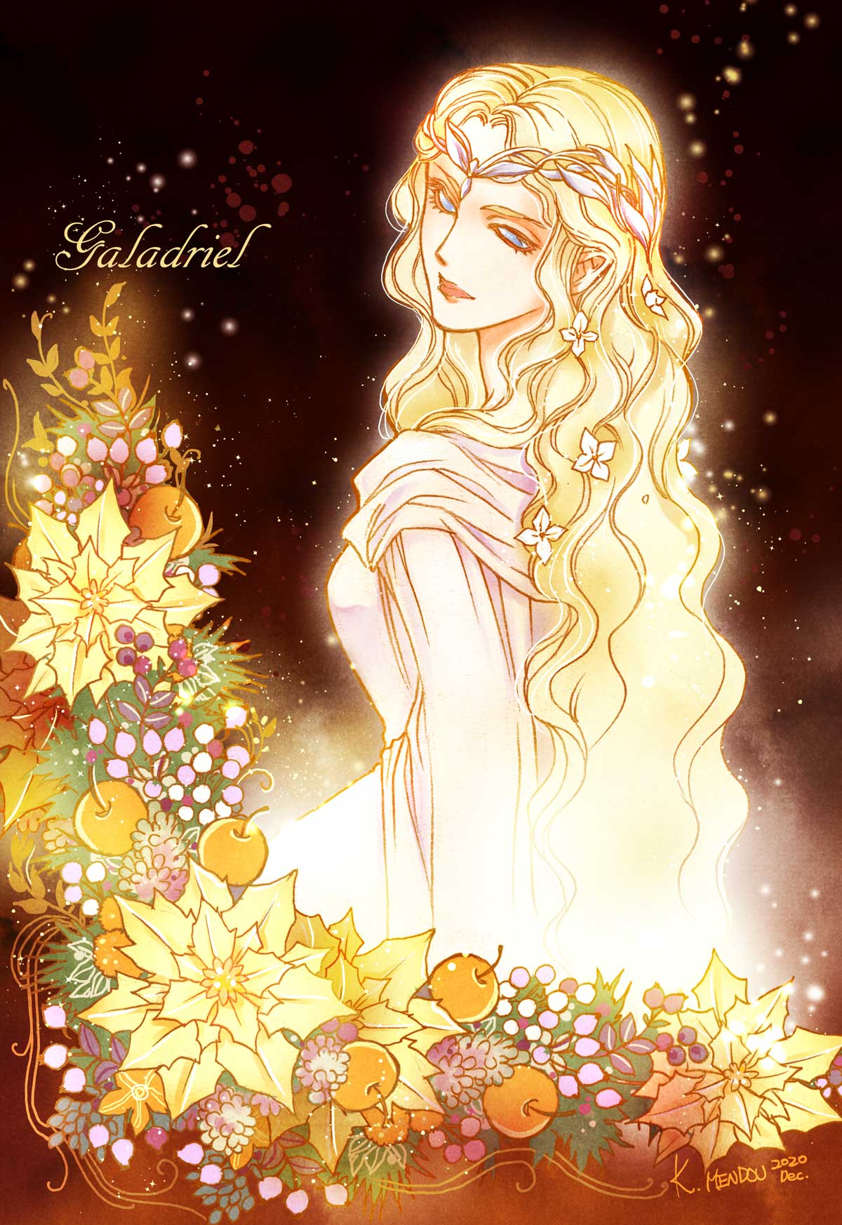 1girl, blonde_hair, blue_eyes, character_name, cherry, closed_mouth, crown, dated, flower, food, fruit, galadriel, hair_flower, hair_ornament, highres, kazuki-mendou, long_hair, looking_at_viewer, looking_back, lord_of_the_rings, pointy_ears, robe, signature, solo, very_long_hair, white_flower, wreath