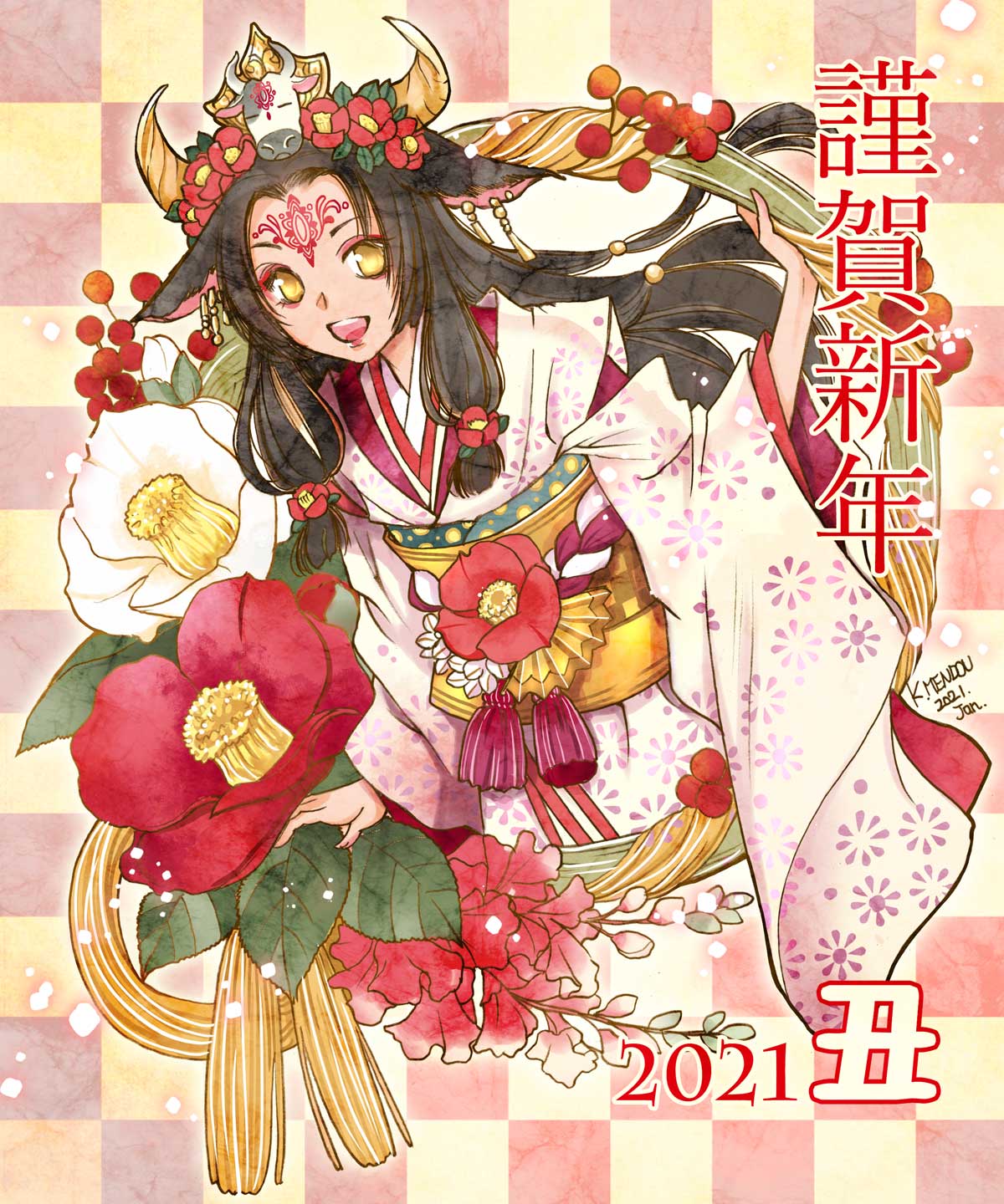 1girl, :d, animal_ears, chinese_zodiac, cow_ears, cow_tail, dated, eyeshadow