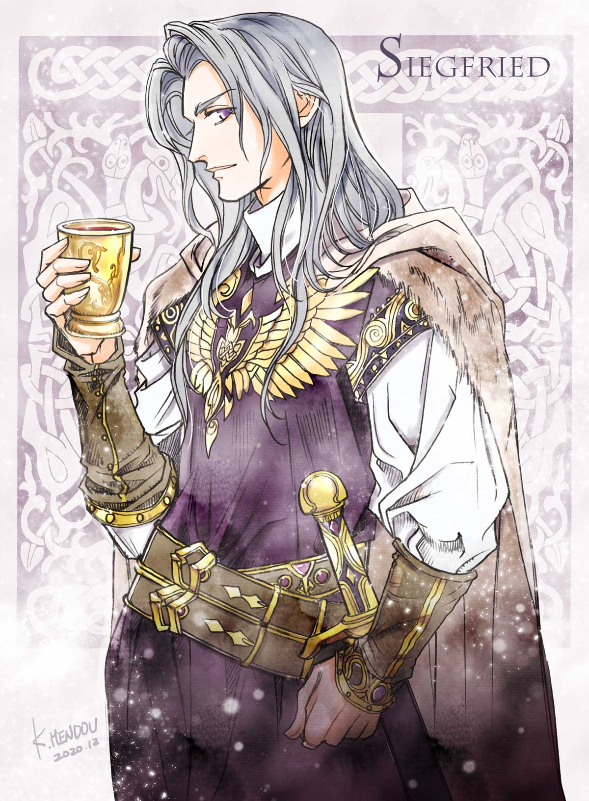 1boy, brown_cape, cape, character_name, closed_mouth, dated, from_side, goblet, grey_hair, highres, kazuki-mendou, looking_at_viewer, male_focus, nibelungenlied, profile, purple_robe, robe, scabbard, sheath, sheathed, sideways_glance, siegfried_(nibelungenlied), signature, smile, solo, standing, sword, violet_eyes, weapon