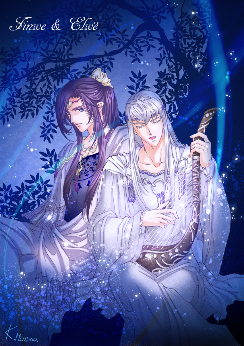 2boys, artist_logo, blue_theme, circlet, closed_mouth, elwe, finwe, glint, harp, highres, holding, holding_instrument, instrument, kazuki-mendou, long_hair, long_sleeves, male_focus, multiple_boys, music, photoshop_(medium), playing_instrument, pointy_ears, purple_hair, robe, silmarillion, sitting, tree, violet_eyes, white_hair, wide_sleeves